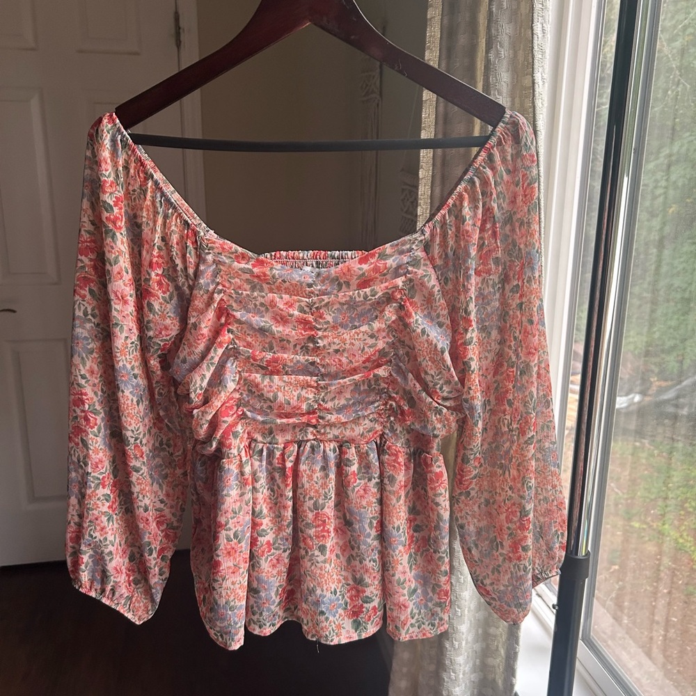 American Eagle Floral Peplum Gauzey Blouse